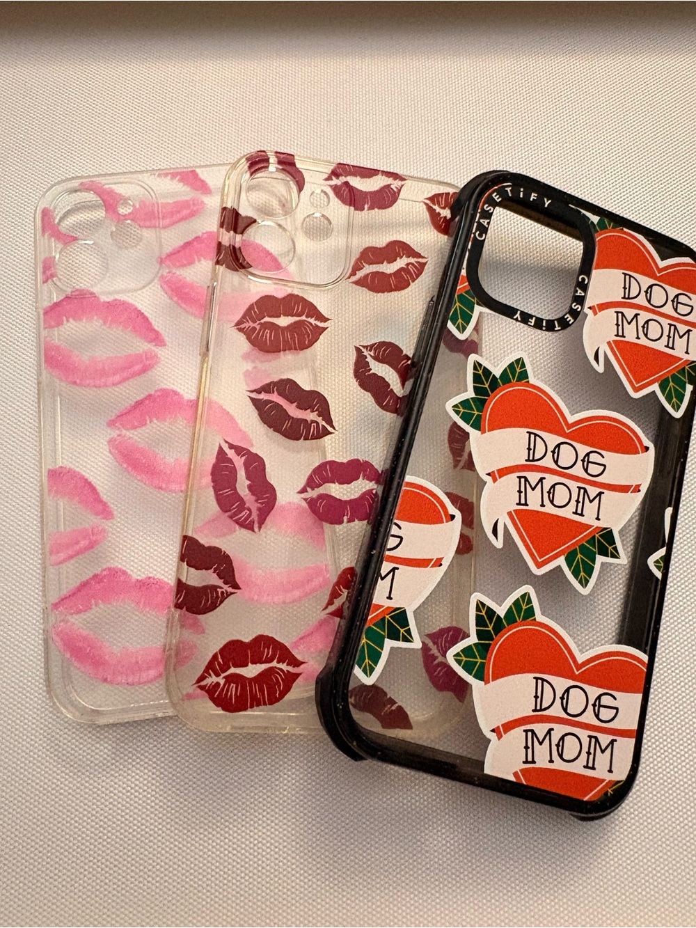 Casetify Clear Phone Case Bundle- Pink & Red KISS Prints + Dog Mom Heart 12 mini